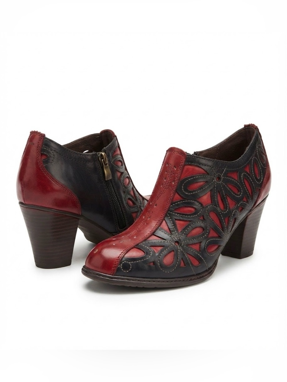 L'Artiste Spring Step Arabella Red Black Leather Cutout Floral Booties Heeled 40